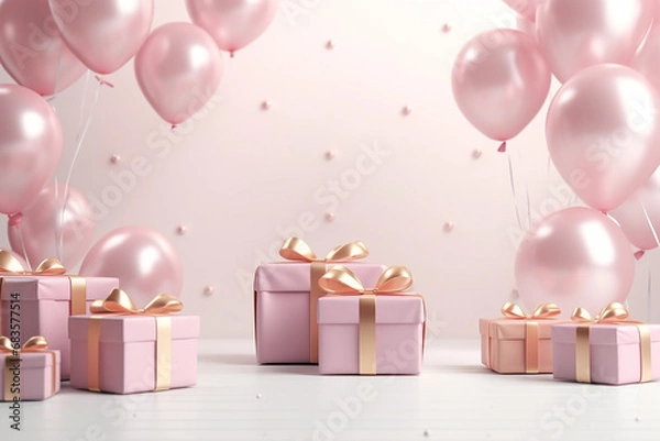 Fototapeta Pink and Golden Balloons, Gift Boxes: Pastel Glossy Composition with Elegant Empty Space - Created with Advanced AI Techniques