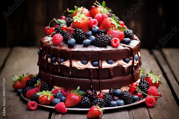 Fototapeta Sumptuous Chocolate Cake Adorned with Fresh Summer Berries - Created with Advanced AI Techniques