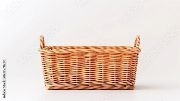 Fototapeta Showcase of an unfilled rectangular wicker basket against a plain white background