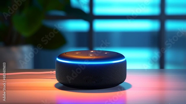 Fototapeta Echo from Amazon Alexa on the table. Alexa is a virtual personal assistant developed by Amazon with the aim of assisting in the execution of some everyday tasks. The user interacts through speech.