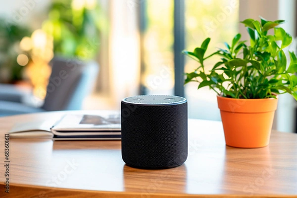 Fototapeta Echo from Amazon Alexa on the table. Alexa is a virtual personal assistant developed by Amazon with the aim of assisting in the execution of some everyday tasks. The user interacts through speech.