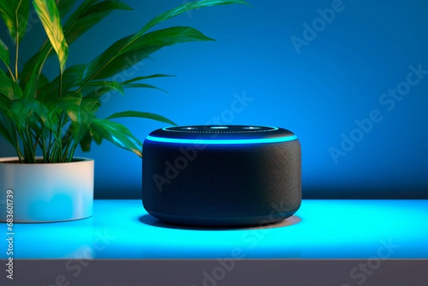 Fototapeta Echo from Amazon Alexa on the table. Alexa is a virtual personal assistant developed by Amazon with the aim of assisting in the execution of some everyday tasks. The user interacts through speech.
