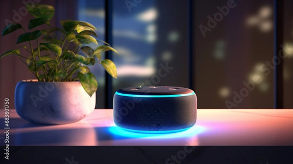 Fototapeta Echo from Amazon Alexa on the table. Alexa is a virtual personal assistant developed by Amazon with the aim of assisting in the execution of some everyday tasks. The user interacts through speech.