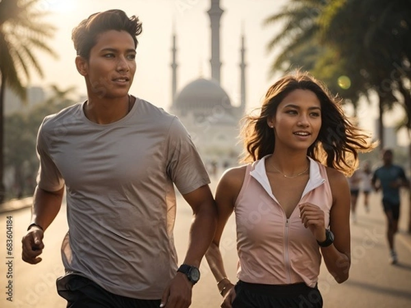 Fototapeta A couple is jogging in the morning, AI generated