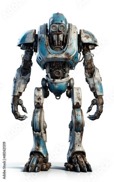 Fototapeta Robot F127 blue fighting old rusted iron One isolated on white background.