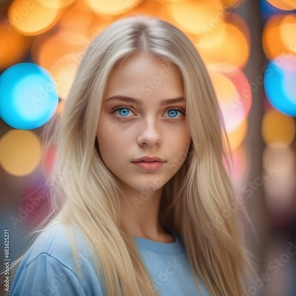 Obraz Hermosa chica rubia alemana de ojos azules sobre un fodo de luces desenfocadas