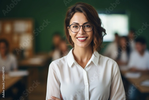 Fototapeta Teacher woman standing alone in classroom with blurred background. Generative AI.
