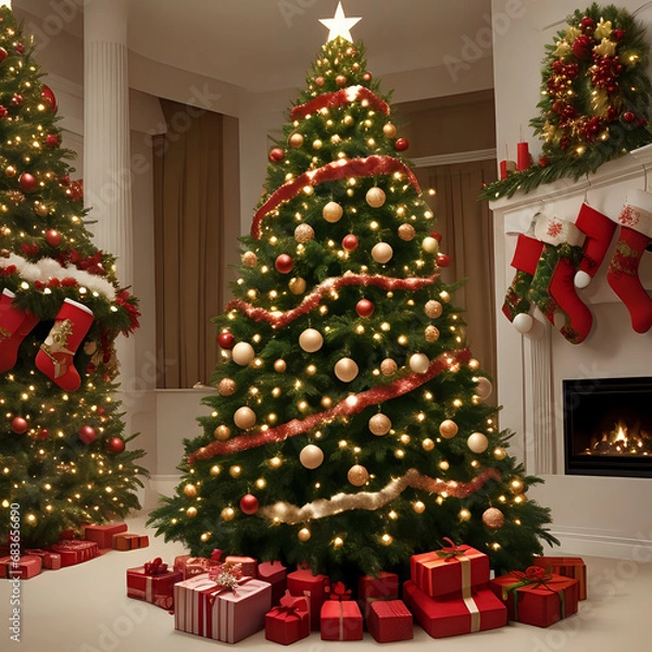 Obraz christmas tree and gifts,ai generated 