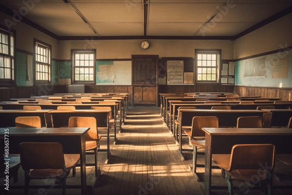 Fototapeta Vintage lecture chairs in empty classroom for Teacher's Day concept with Generative AI.
