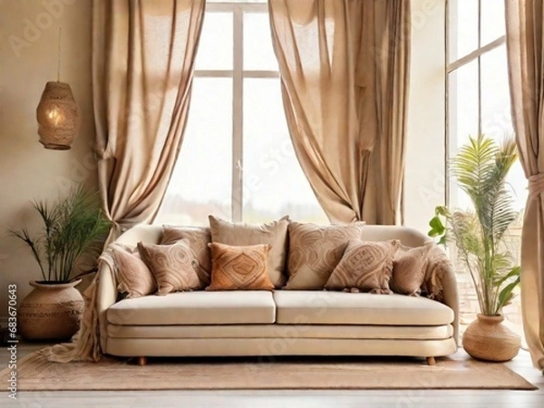 Fototapeta Beige fabric sofa against window. Boho home interior design of modern living room.