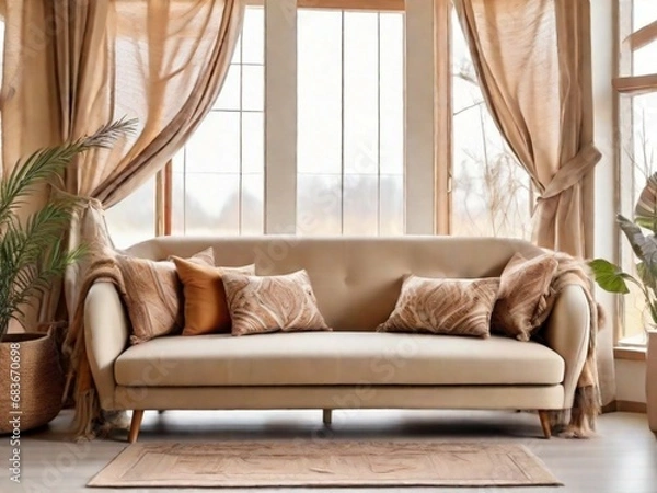 Fototapeta Beige fabric sofa against window. Boho home interior design of modern living room.
