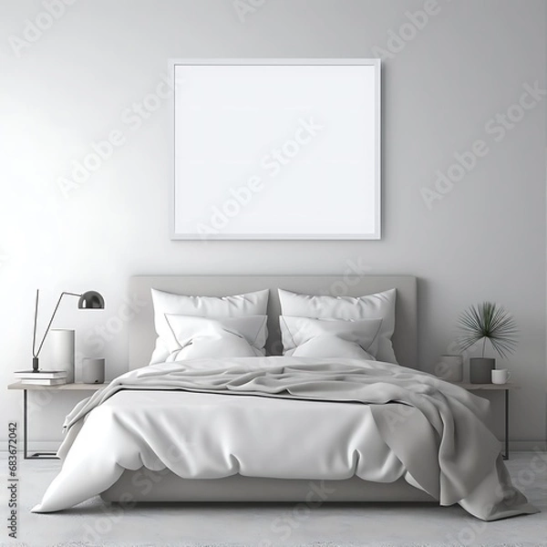 Fototapeta Blank vertical poster frame mockup hanging on the white cozy bedroom interior. Mock up blank poster.