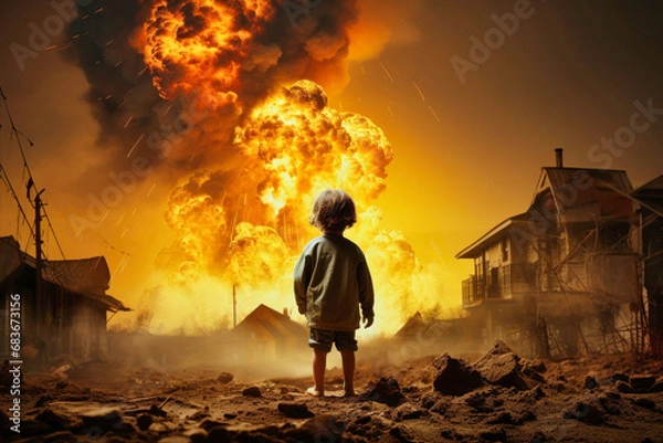 Fototapeta A small child against the background of an explosion and fire. War. A child looks at the fire and destruction of his house.