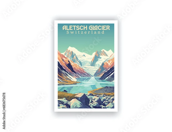 Fototapeta Aletsch Glacier, Switzerland. Vector illustration. Famous Tourist Destinations Posters Art Prints Wall Art and Print Set Abstract Travel for Hikers Campers Living Room Decor