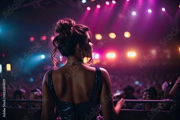 Fototapeta Hyper interactive exclusive singer embracing her audience, crazy lightning, gorgeous model