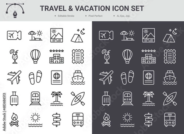 Obraz Travel and vacation icon set. Editable stroke