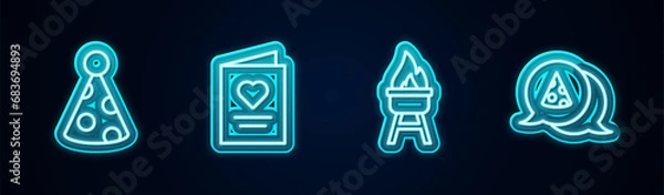 Fototapeta Set line Party hat, Postcard with heart, Barbecue grill and Slice of pizza. Glowing neon icon. Vector