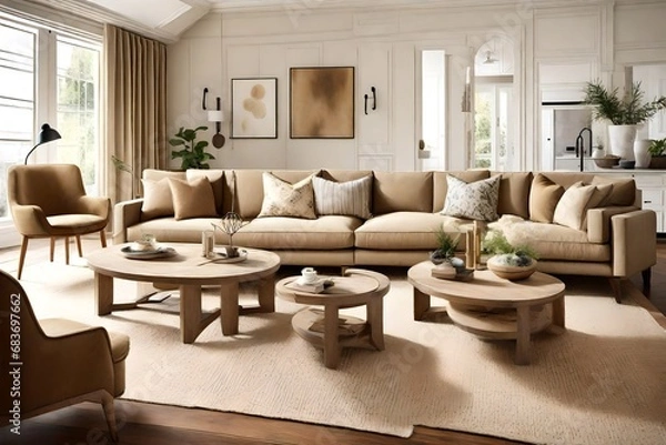 Fototapeta Craft an inviting Khaki Color Sofa image, emphasizing its warmth and versatility in a cozy setting. 