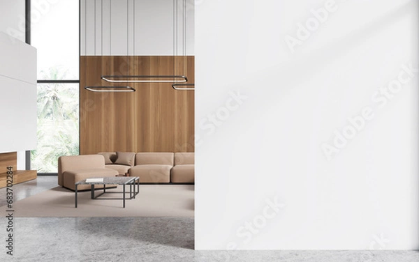 Fototapeta White hotel living room interior with couch and panoramic window. Mock up wall