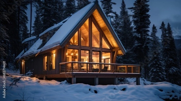 Fototapeta A cozy, illuminated A-frame cabin in a snowy forest during dusk, exuding warmth in the cold winter landscape.