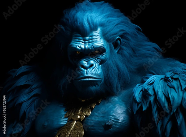 Fototapeta Gorilla warrior King in blue Feathers and fur, anger face, low light key, dramatic light, Serious face 