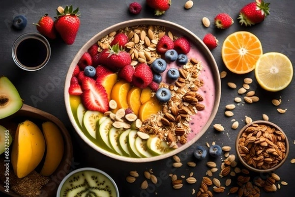 Fototapeta A smoothie bowl packed with fruits and granola for a healthy kickstart. 