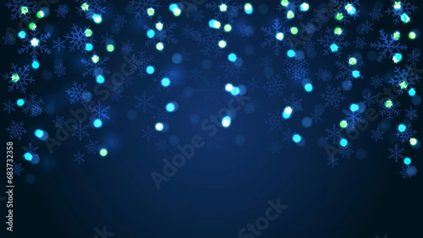 Fototapeta Navy christmas background with snowflakes and bokeh