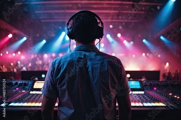 Fototapeta Vibrant exposure of DJ Concert, Backshot of soundboard player with neon lights