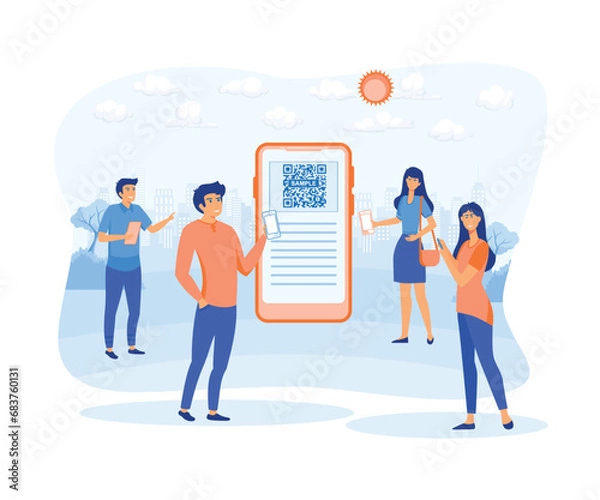 Obraz Young people scanning bar code using mobile smart phone for online shopping and payment.  flat vector modern illustration 