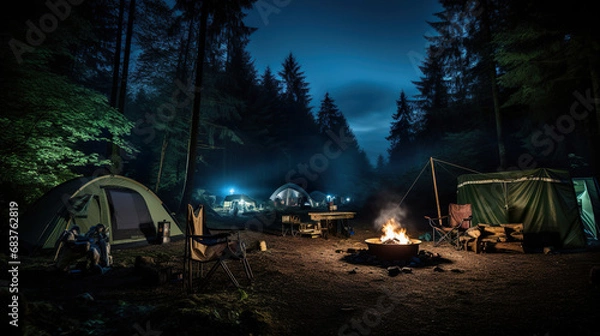 Fototapeta Group of Tents in the Middle of a Forest. Generative Ai