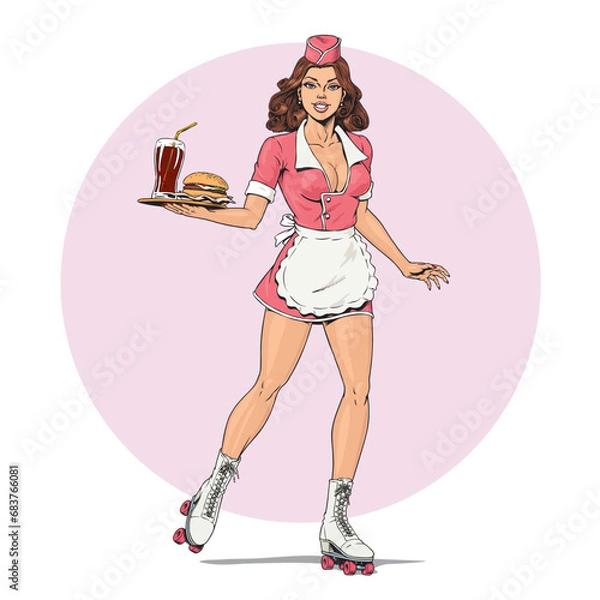 Obraz Waitress on roller skates, drive-in restaurant diner service. Young cute girl in uniform holding tray with hamburger menu and cola. Retro 50's or 60's American style vector illustration