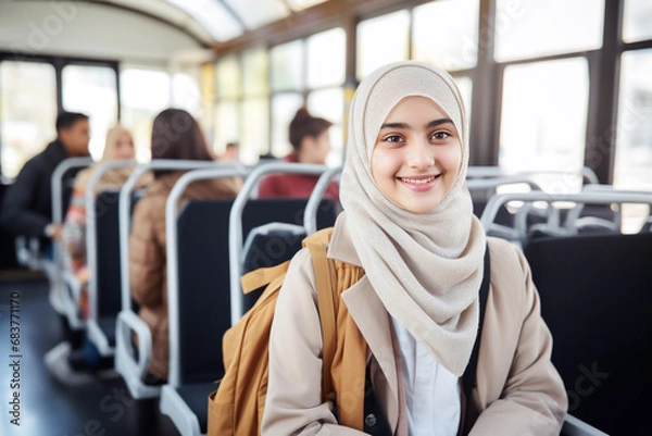 Obraz A young smiling girl in a hijab is walking on the bus. Integration of Muslim migrants