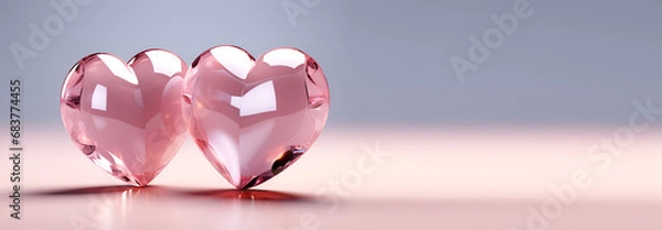 Fototapeta Two pink crystal hearts on a pink-purple background with empty space generated AI