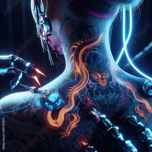 Fototapeta Fantastic portrait of a girl in cyberpunk style with cybernetic implants and dragon tattoos generated by artificial intelligence