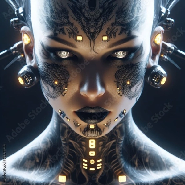 Fototapeta Fantastic portrait of a girl in cyberpunk style with cybernetic implants and dragon tattoos generated by artificial intelligence
