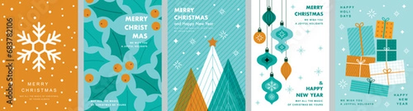 Fototapeta Christmas Minimalist card set - abstract Holidays flyers. Lettering with Christmas and New Year decorative elements.