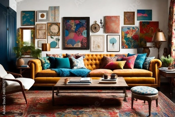 Fototapeta Compose an image of an eclectic sofa amidst an artfully curated mix of patterns and colors. 