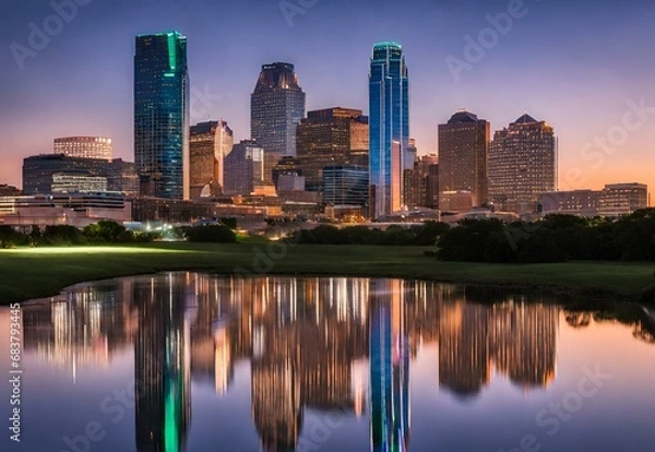 Fototapeta Skyline Serendipity: Texas' Dallas Skyline Reflections at Twilight.
