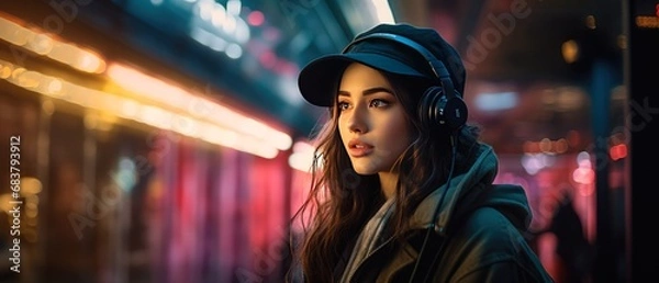Fototapeta Young woman listening to music on headphones in vibrant city street at night. Urban lifestyle.
