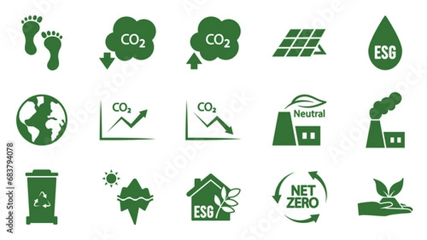 Obraz Icon collection with zero emissions esg symbol concept. greenhouse gas carbon credit design set. protect ecological green vector glyph. carbon net zero neutral natural. carbon footprint art pictogram