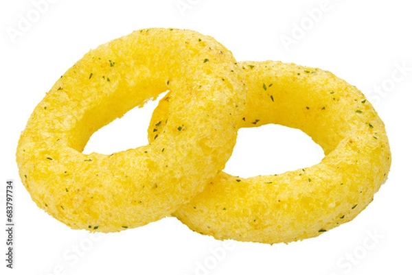 Obraz Crispy onion rings, isolated on white background, full depth of field. Сorn rings. File contains clipping path. Design element.