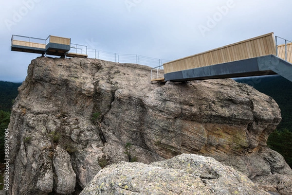 Obraz Wooden lookout point at karst landscape of Castroviejo in Soria province, Spain