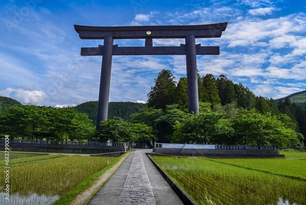 Obraz The giant torii gate of Oyu no Hara. The largest in the world, and Unesco World Heritage. The torii of Kumano Hongu Taisha in Japan. 