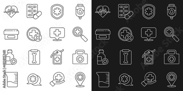 Fototapeta Set line Map pointer with cross hospital, First aid kit, Magnifying glass for search medical, Medical shield, Cross, Ointment cream tube medicine, Heart rate and icon. Vector