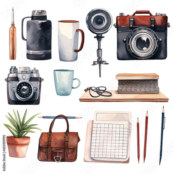 Obraz Office object clipart Set : Beautiful Watercolor Style