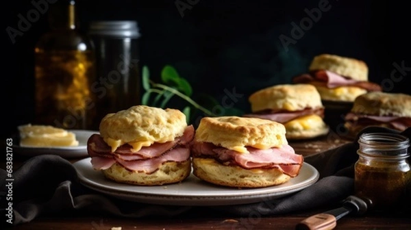 Fototapeta Fresh buttermilk biscuits with country ham on plates.