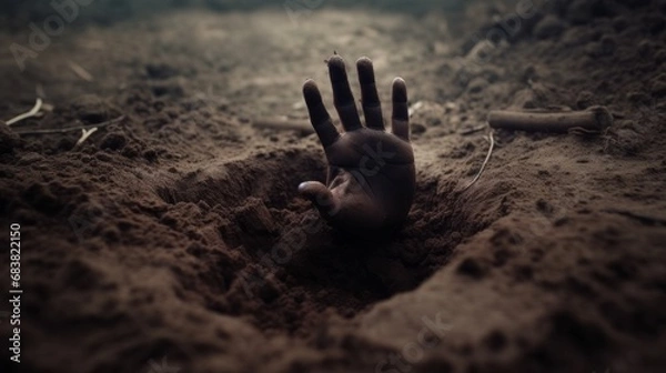 Fototapeta Hand appearing on the ground. Buried alive but not broken concept.