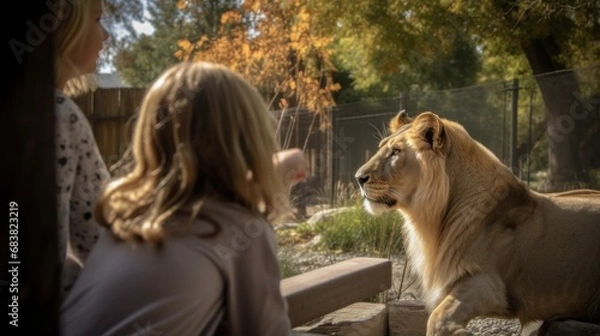 Fototapeta Mother and daughter (6-7) looking at African Lion at Boise Zoo.