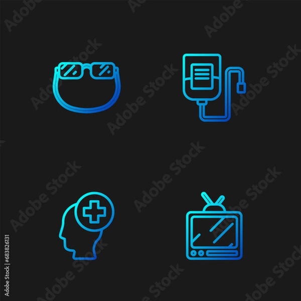 Fototapeta Set line Retro tv, Male head with hospital, Eyeglasses and IV bag. Gradient color icons. Vector