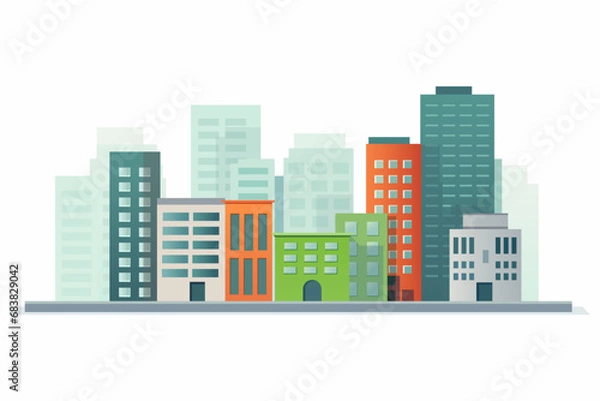 Fototapeta Cityscape with tall skyscrapers, office buildings of different colors and shops. Business district of the city. Vector illustration.